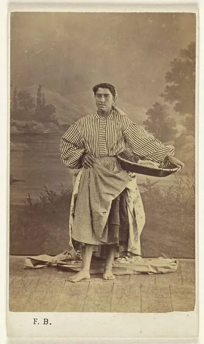 Framed Print : Genre portrait of an unidentified woman holding a basket, 1870-1875. Creator: Ferdinand Berillon Framed Print : Genre portrait of an unidentified woman holding a basket, 1870-1875. Creator: Ferdinand Berillon
