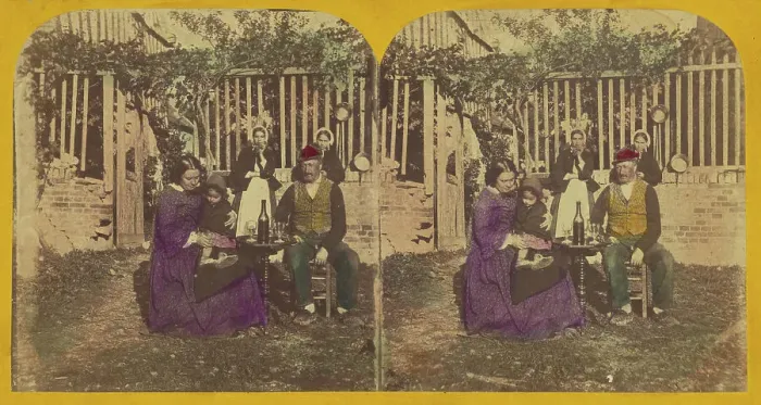 Framed Print : Genre scene: family seated outside around a table with glasses and a bottle of wine, about 1860. Creator: London Stereoscopic & Photographic Co Framed Print : Genre scene: family seated outside around a table with glasses and a bottle of wine, about 1860. Creator: London Stereoscopic & Photographic Co