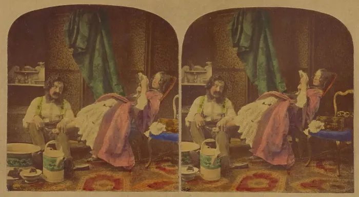 Framed Print : Genre scene: man with bushy moustache seated bathing feet of woman seated reading a book, about 1860 Creator: Joseph John Elliott Framed Print : Genre scene: man with bushy moustache seated bathing feet of woman seated reading a book, about 1860 Creator: Joseph John Elliott
