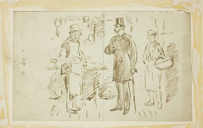 Framed Print : Gent in Tall Hat Addressing Butcher, n. d. Creator: Charles Samuel Keene Framed Print : Gent in Tall Hat Addressing Butcher, n. d. Creator: Charles Samuel Keene