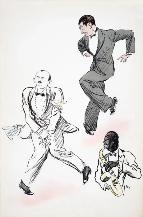 Framed Print : Two gentleman in black tie dancing to jazz, played by a musician on the saxophone Framed Print : Two gentleman in black tie dancing to jazz, played by a musician on the saxophone