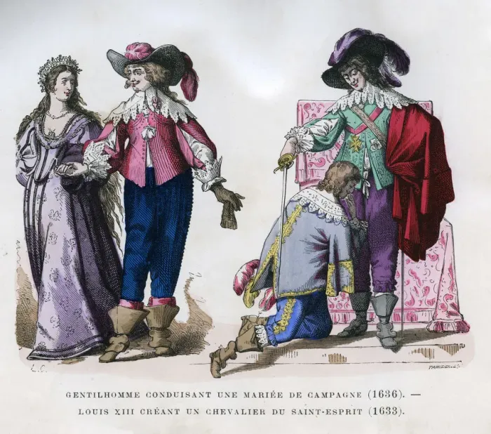 Framed Print : A gentleman leading a country bride, 1636, and Louis XIII creating a knight, 1633 (1882-1884)Artist: Tamisier Framed Print : A gentleman leading a country bride, 1636, and Louis XIII creating a knight, 1633 (1882-1884)Artist: Tamisier