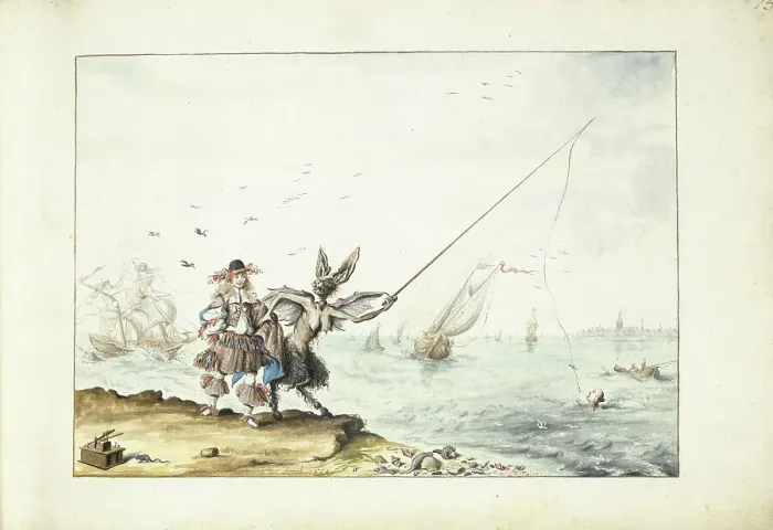 Framed Print : A gentleman (Moses?) is seduced by a devil fishing for a woman, 1664. Creator: Gesina ter Borch Framed Print : A gentleman (Moses?) is seduced by a devil fishing for a woman, 1664. Creator: Gesina ter Borch