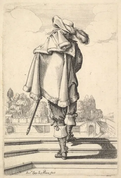 Framed Print : A gentleman, seen from behind, walking up a parapet, with a cloak over his left shoulder Framed Print : A gentleman, seen from behind, walking up a parapet, with a cloak over his left shoulder
