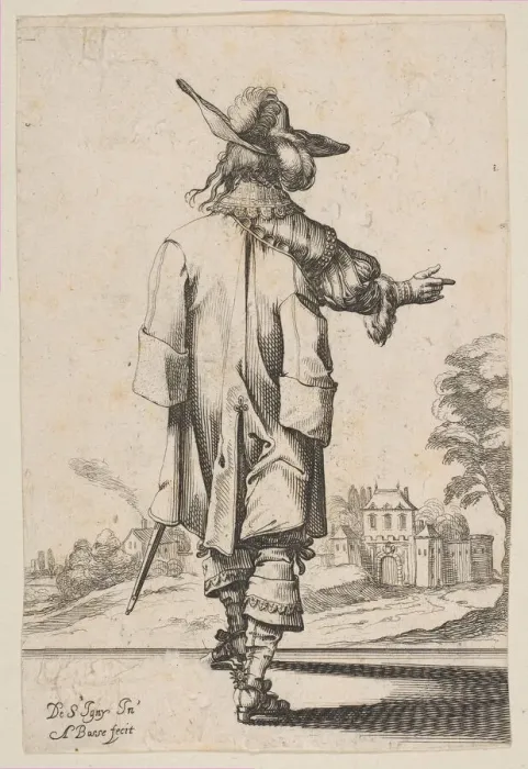 Framed Print : Gentleman Seen from the Back Pointing towards a Chateau, 1629. Creator: Abraham Bosse Framed Print : Gentleman Seen from the Back Pointing towards a Chateau, 1629. Creator: Abraham Bosse