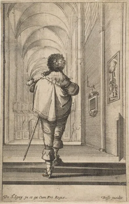 Framed Print : A gentleman seen from behind walking into a church, ca. 1629. Creator: Abraham Bosse Framed Print : A gentleman seen from behind walking into a church, ca. 1629. Creator: Abraham Bosse