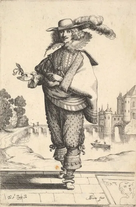 Framed Print : A gentleman standing in front of a large castle and wearing a plumed hat Framed Print : A gentleman standing in front of a large castle and wearing a plumed hat