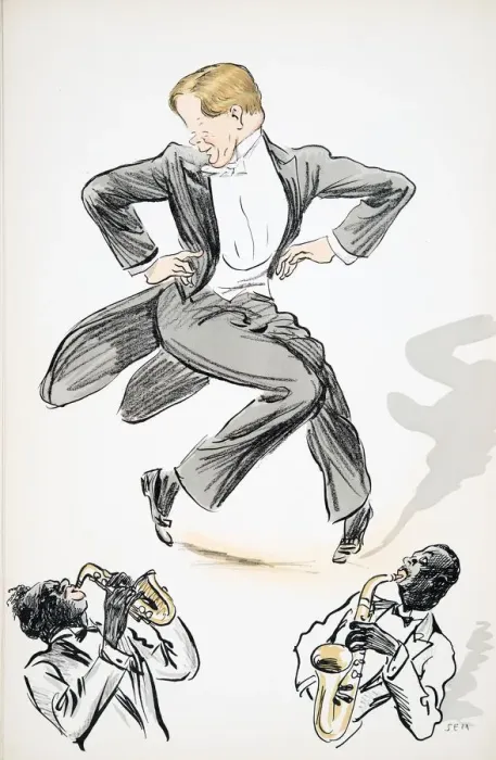 Framed Print : Gentleman in tails and white tie dances to two musicians playing saxophone Framed Print : Gentleman in tails and white tie dances to two musicians playing saxophone