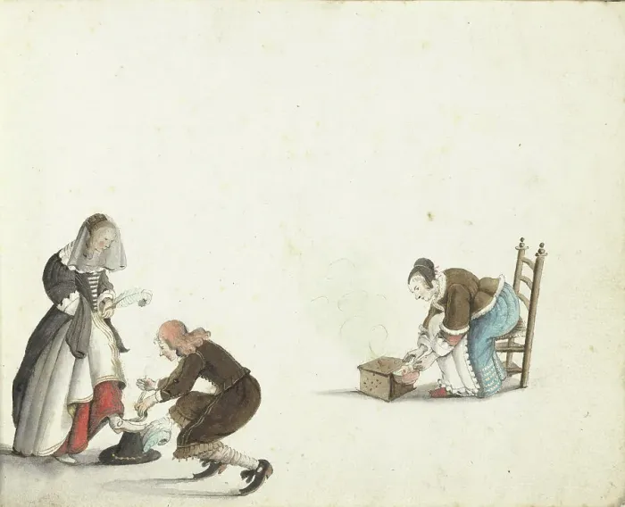 Framed Print : Gentleman ties a lady's shoe and a woman puts fire in a stove, c.1650. Creator: Gesina ter Borch Framed Print : Gentleman ties a lady's shoe and a woman puts fire in a stove, c.1650. Creator: Gesina ter Borch