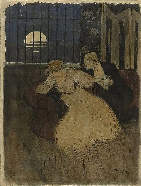Gentleman tries to persuade a doubting lady on a sofa, 1869-1923. Creator: Theophile Alexandre Steinlen