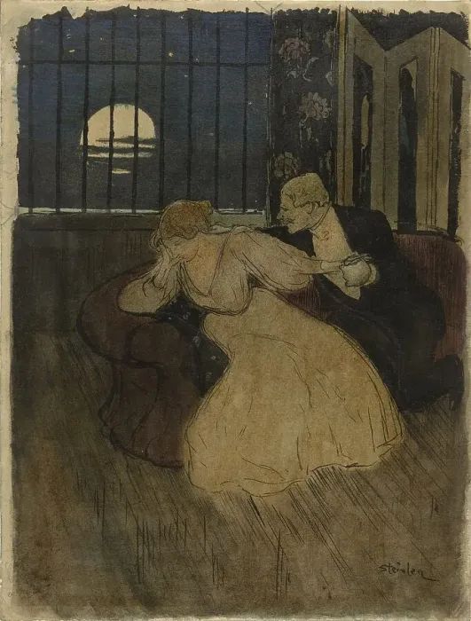 Framed Print : Gentleman tries to persuade a doubting lady on a sofa, 1869-1923. Creator: Theophile Alexandre Steinlen Framed Print : Gentleman tries to persuade a doubting lady on a sofa, 1869-1923. Creator: Theophile Alexandre Steinlen