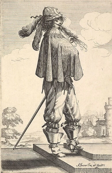 A gentleman wearing a short coat, a helmet, and boots with spurs
