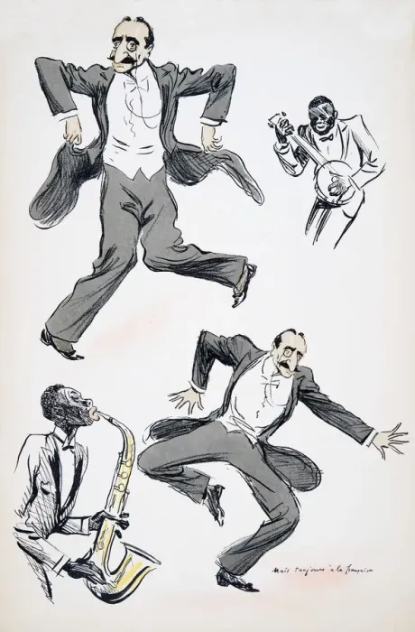 Framed Print : Gentleman in white tie and tails dancing while two musicians play saxophone and banjo Framed Print : Gentleman in white tie and tails dancing while two musicians play saxophone and banjo