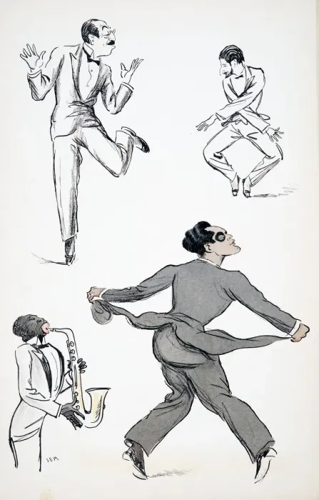 Framed Print : Three gentlemen in Black Tie perform moves from the Charleston to a saxophone Framed Print : Three gentlemen in Black Tie perform moves from the Charleston to a saxophone