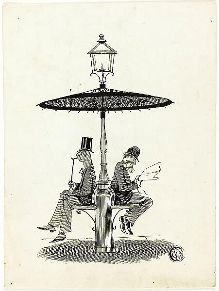 Two Gentlemen Seated Under Lamp Post with Japanese Umbrella, 1850 / 1911. Creator: S.F. Paynter