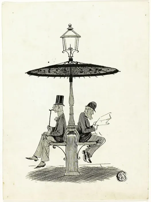 Framed Print : Two Gentlemen Seated Under Lamp Post with Japanese Umbrella, 1850 / 1911. Creator: S.F. Paynter Framed Print : Two Gentlemen Seated Under Lamp Post with Japanese Umbrella, 1850 / 1911. Creator: S.F. Paynter