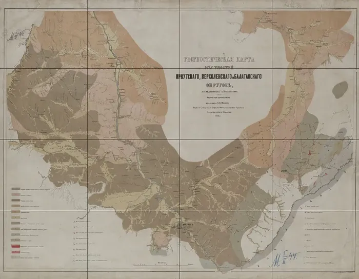 Framed Print : Geognostic Map of the Localities of Irkutsk, Verkholensk, and Balagansk Districts, 1873. Creator: Siberian Branch of the Russian Geographic Society Framed Print : Geognostic Map of the Localities of Irkutsk, Verkholensk, and Balagansk Districts, 1873. Creator: Siberian Branch of the Russian Geographic Society