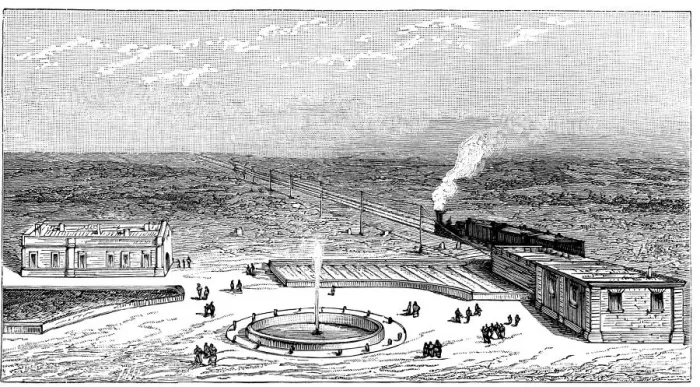 Framed Print : Geok-Tepe station on the Trans-Caspian railway, engraving, 1895 Framed Print : Geok-Tepe station on the Trans-Caspian railway, engraving, 1895