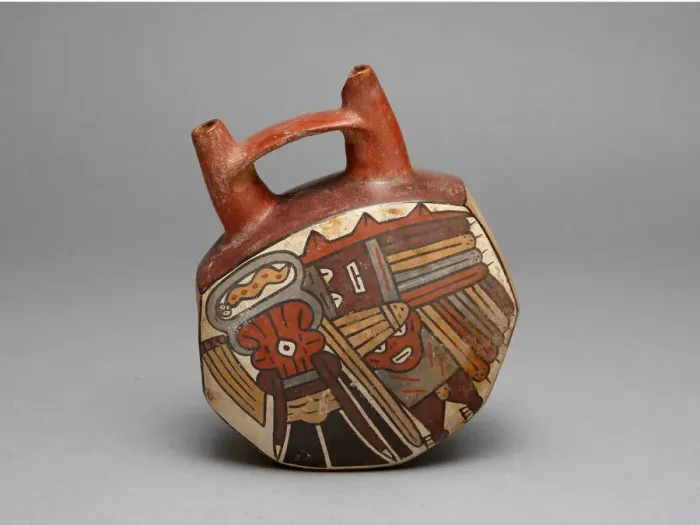 Framed Print : Geometric Bridge Vessel Depicting Ritual Performer Wearing Abstract Bird Costume, 180 B. C