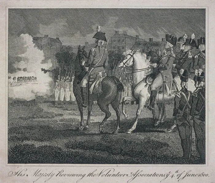 Framed Print : George III, on horseback, reviewing volunteers, City Road, Finsbury, Islington, London, 1800 Framed Print : George III, on horseback, reviewing volunteers, City Road, Finsbury, Islington, London, 1800