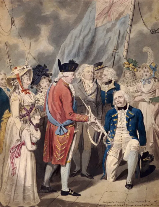 Framed Print : George III presenting a Sword to Admiral Earl Howe, c1794. Artist: Isaac Cruikshank Framed Print : George III presenting a Sword to Admiral Earl Howe, c1794. Artist: Isaac Cruikshank