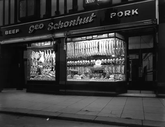 Framed Print : George Schonhuts butchers shop in Rotherham, South Yorkshire, 1955 Framed Print : George Schonhuts butchers shop in Rotherham, South Yorkshire, 1955