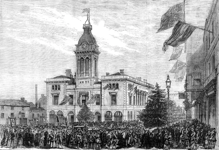 Framed Print : George Stephenson Centenary Festival: procession of benefit societies passing the Market-Hall, 1881. Creator: Unknown Framed Print : George Stephenson Centenary Festival: procession of benefit societies passing the Market-Hall, 1881. Creator: Unknown