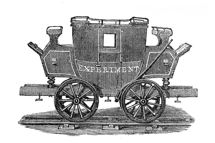 Framed Print : George Stephenson, Father of Railways: the Experiment, first railway passenger coach, 1825, (1881). Creator: Unknown Framed Print : George Stephenson, Father of Railways: the Experiment, first railway passenger coach, 1825, (1881). Creator: Unknown