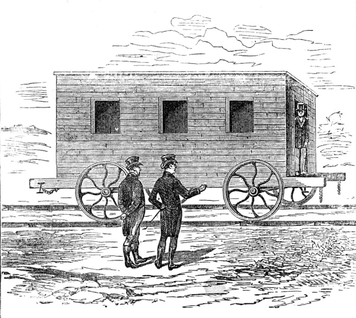 Framed Print : George Stephenson, Father of Railways: the Experiment coach, common car, 1881. Creator: Unknown Framed Print : George Stephenson, Father of Railways: the Experiment coach, common car, 1881. Creator: Unknown