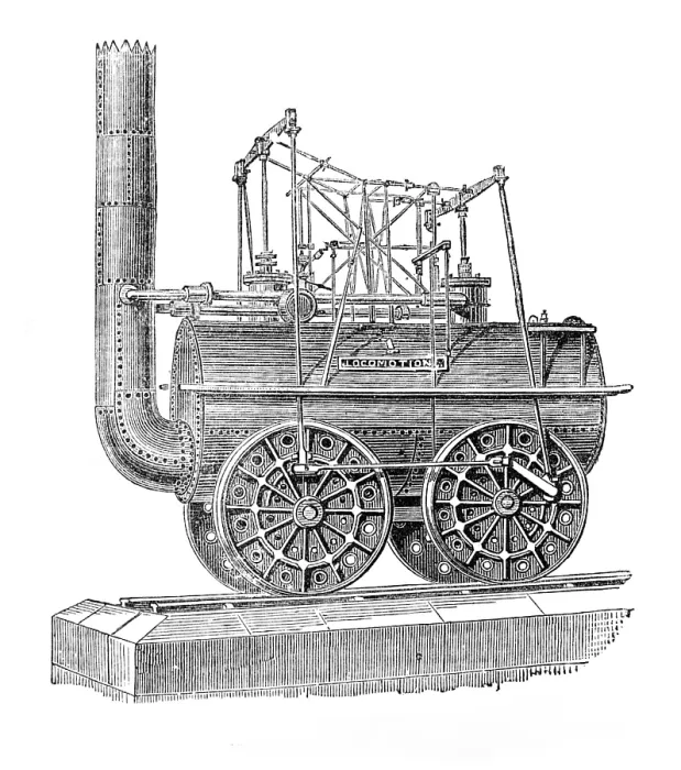 Framed Print : George Stephenson, Father of Railways: the first locomotive engine, 1881. Creator: Unknown Framed Print : George Stephenson, Father of Railways: the first locomotive engine, 1881. Creator: Unknown