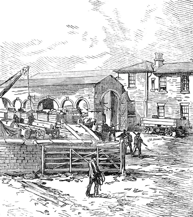 Framed Print : George Stephenson, Father of Railways: the first railway station, 1881. Creator: Unknown