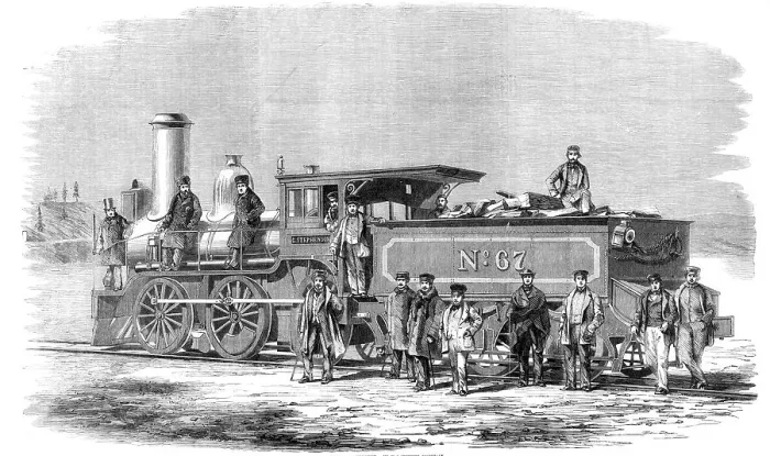 Framed Print : The George Stephenson locomotive engine built at Hamilton, Canada West, for the Great... 1860. Creator: Unknown. The George Stephenson locomotive engine built at Hamilton, Canada West, for the Great... 1860. Creator: Unknown