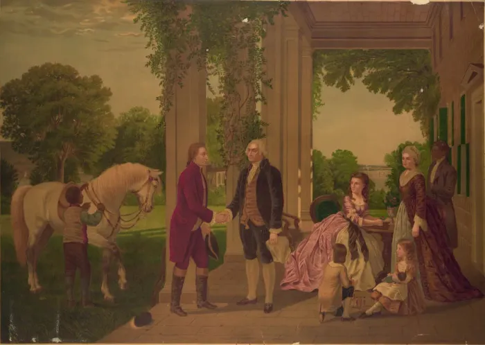 Framed Print : George Washington welcoming Marquis de Lafayette to his home at Mount Vernon, ca 1873-1875 Framed Print : George Washington welcoming Marquis de Lafayette to his home at Mount Vernon, ca 1873-1875