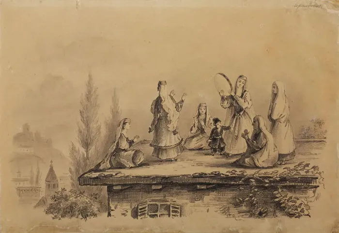 Framed Print : Georgian women on the roof (Lezghinka), 1837. Artist: Lermontov, Mikhail Yuryevich (1814-1841)