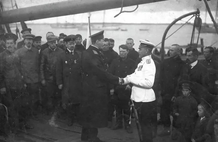 Framed Print : Georgii Iakovlevich Sedov and Members of the Expedition with Those Seeing Them off on the... 1912. Creator: Nikolay Vasilyevich Pinegin Framed Print : Georgii Iakovlevich Sedov and Members of the Expedition with Those Seeing Them off on the... 1912. Creator: Nikolay Vasilyevich Pinegin