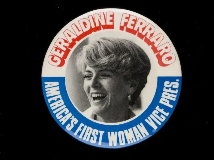 Framed Print : Geraldine Ferraro badge owned by Sally Ride, 1984. Creator: N. G. Slater Corp Framed Print : Geraldine Ferraro badge owned by Sally Ride, 1984. Creator: N. G. Slater Corp