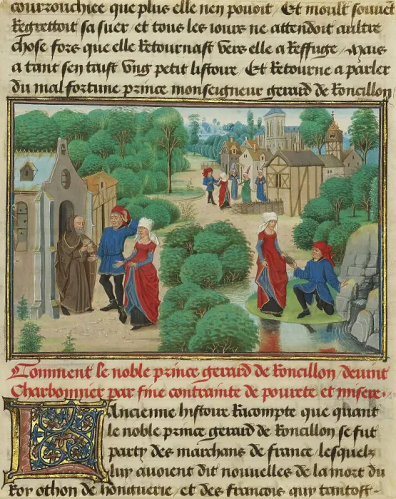 Framed Print : Gerard and Bertha Find Sustenance at a Hermitage, written 1463-1465; illuminated 1467-1472. Creators: Loyset Liedet, Pol Fruit Framed Print : Gerard and Bertha Find Sustenance at a Hermitage, written 1463-1465; illuminated 1467-1472. Creators: Loyset Liedet, Pol Fruit