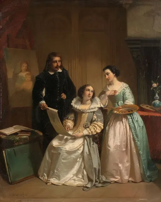 Framed Print : Gerard van Honthorst Showing the Drawings of his Pupil Louise of Bohemia to Amalia van Solms, 1854. Creator: Hendrick Jacobus Scholten Framed Print : Gerard van Honthorst Showing the Drawings of his Pupil Louise of Bohemia to Amalia van Solms, 1854. Creator: Hendrick Jacobus Scholten