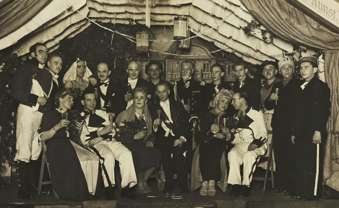 Framed Print : German actors, some in drag, gather on stage at a party, 1930-45. Creator: Unknown Framed Print : German actors, some in drag, gather on stage at a party, 1930-45. Creator: Unknown