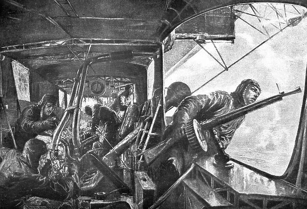 The German Air Fleet; On board a zeppelin: in the rear, under attack by Allied planes... 1917. Creator: Unknown