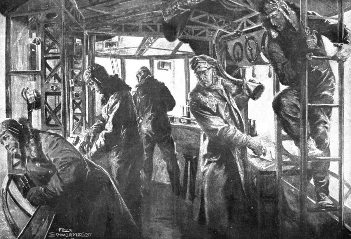 Framed Print : The German Air Fleet; Command post in a forward platform, during a raid... 1917. Creator: Unknown Framed Print : The German Air Fleet; Command post in a forward platform, during a raid... 1917. Creator: Unknown
