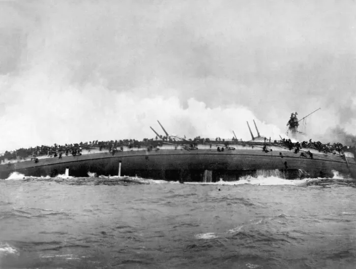 Framed Print : The german armoured cruiser SMS Blucher sinks after receiving multiple hits from British warships at Artist: Anonymous Framed Print : The german armoured cruiser SMS Blucher sinks after receiving multiple hits from British warships at Artist: Anonymous