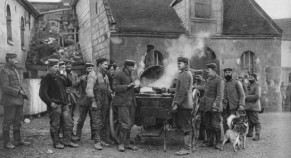 A German army field kitchen in a French village, World War I, 1915