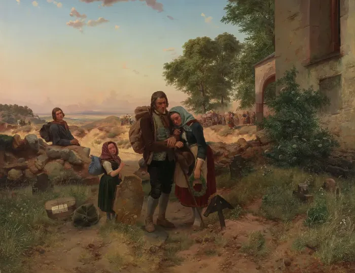 Framed Print : German Emigrants at the Churchyard, 1846. Creator: Carl Wilhelm Hubner Framed Print : German Emigrants at the Churchyard, 1846. Creator: Carl Wilhelm Hubner