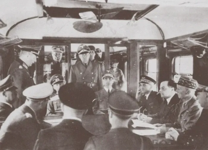 Framed Print : The German and French delegations inside a railroad car at Compiegne for the signing of Frances sur Artist: Anonymous Framed Print : The German and French delegations inside a railroad car at Compiegne for the signing of Frances sur Artist: Anonymous