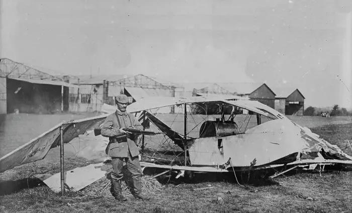 Framed Print : German guarding wrecked aeroplane, between 1914 and c1915. Creator: Bain News Service Framed Print : German guarding wrecked aeroplane, between 1914 and c1915. Creator: Bain News Service