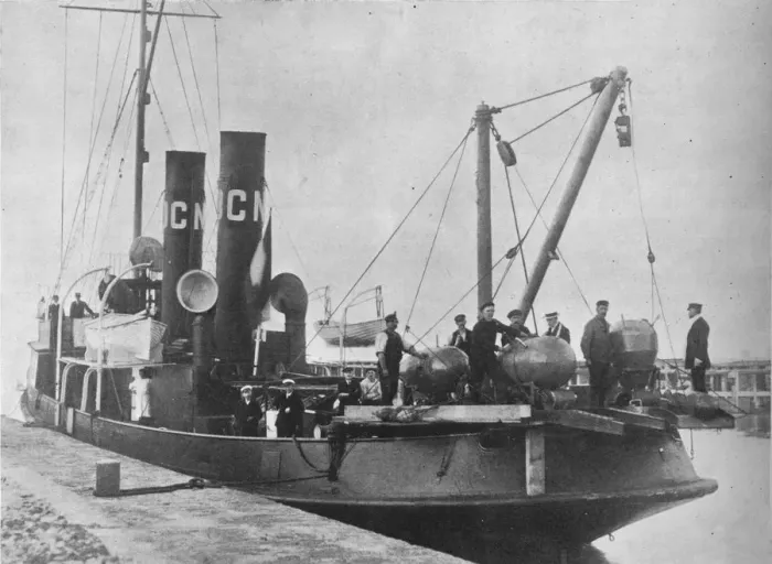 Framed Print : A German mine layer leaving port with her mines ready on deck, 1914