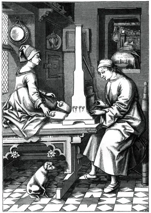 Framed Print : German musician executing a piece of music upon a portable organ, 15th century, (1870). Artist: Israel van Mecken Framed Print : German musician executing a piece of music upon a portable organ, 15th century, (1870). Artist: Israel van Mecken