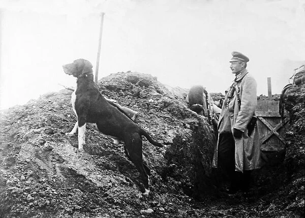 German Officer with his dog in the trenches, c. 1914