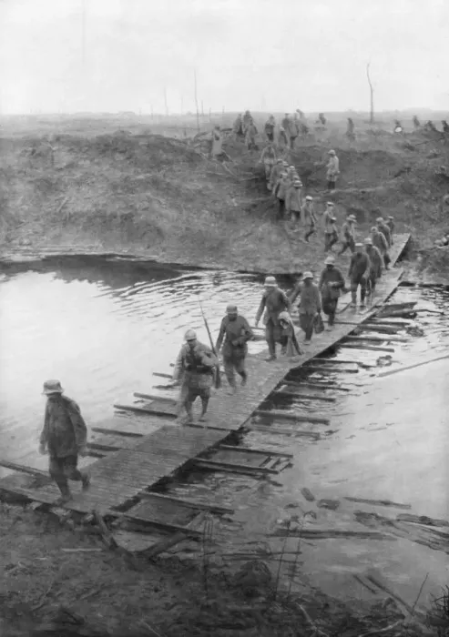 Framed Print : German prisoners on a duckboard track at the Yser Canal, Belgium, 31 July 1917
